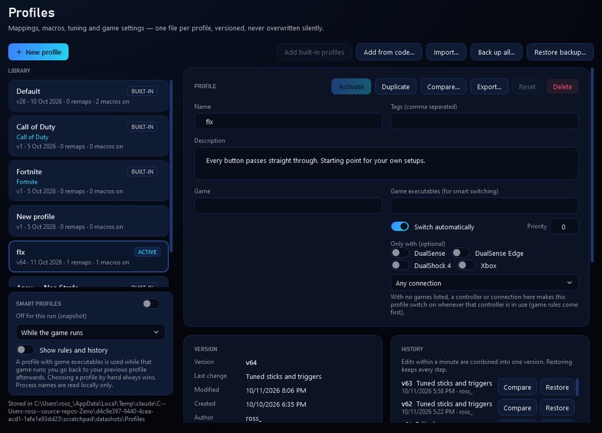 Profiles: one per game, switched automatically.